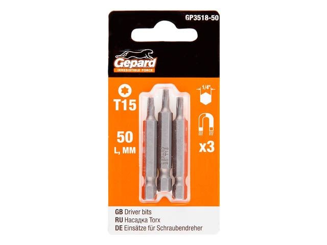 насадка torx t15 50мм  3шт gepard (gp3518-50) (бита звездочка шестилучевая звезда сталь s2  магнитная) gp3518-50 от BTSprom.by