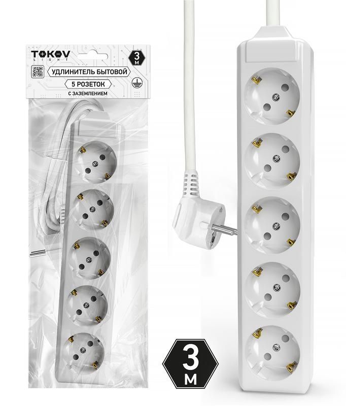 удлинитель 5х3м с заземл. 10а 3х1.5 tokov light tkl-c01-bu5-3-1.5-z от BTSprom.by