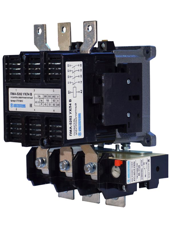 пускатель электромагнитный пма-5202 ухл4 в 100а 380в 2но+2нз ip00 нереверсивный с реле ртт-325 85-115а электротехник et010912 от BTSprom.by