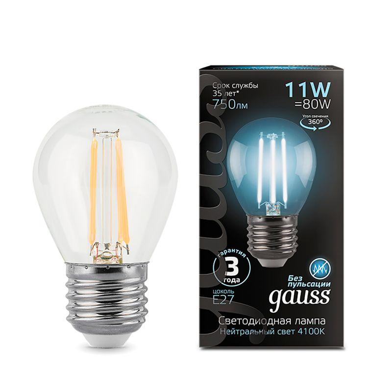 лампа светодиодная филаментная black filament 11вт p45 шар 4100к нейтр. бел. e27 830лм gauss 105802211 от BTSprom.by