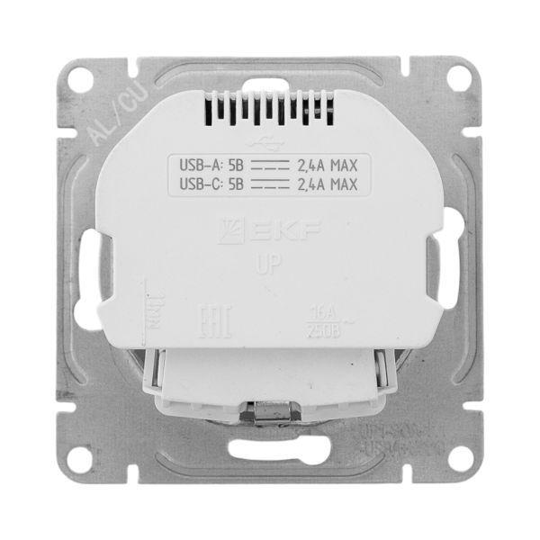  Розетка СП Эпика 16А с 2 USB-A+С с заземл. защ. шторки механизм алюм. EKF UP1-SOA-111-USBA+USBC фото в каталоге от BTSprom.by