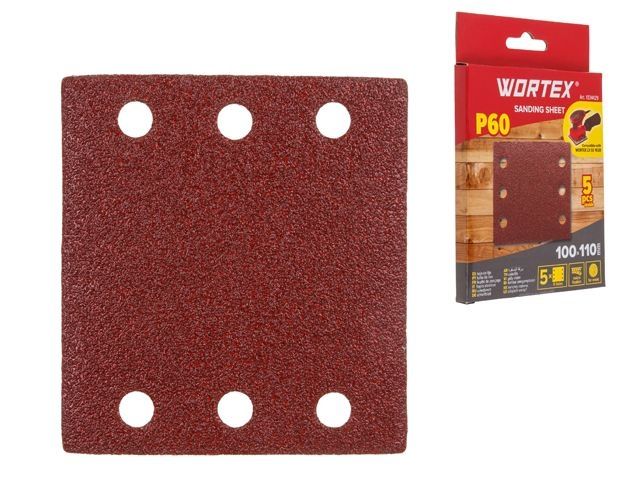шлифлист 100х110мм р60 д/дерева самосцепл. 6 отв. 5 шт. wortex (подходит для использования к виброшлифмашине wortex lx ss 1020) 1334429 от BTSprom.by