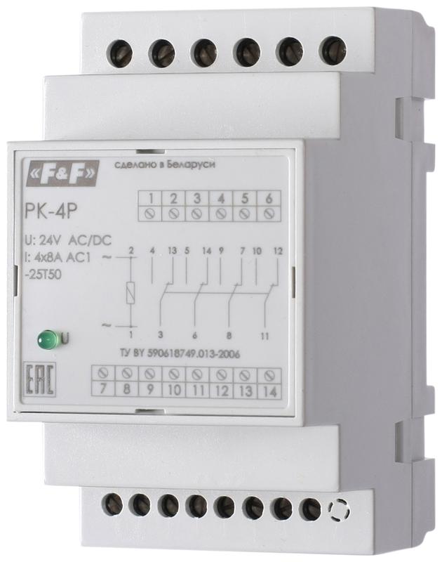 реле промежуточное pk-4p (монтаж на din-рейке 35мм 24в 50гц 4х8а 4 перекл.) f&f ea06.001.024 от BTSprom.by