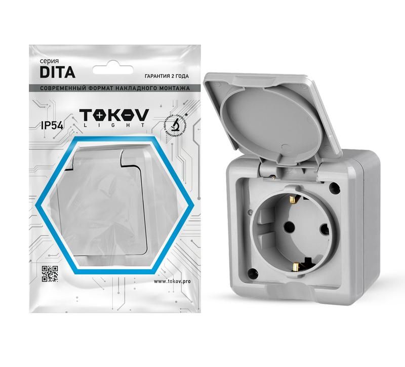розетка 1-м оп dita 16а ip54 250в с заземл. с крышкой сер. tokov electric tkl-dt-r1z-c06-ip54 от BTSprom.by