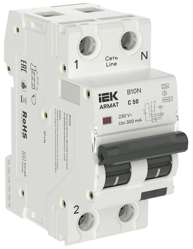 выключатель автоматический дифференциального тока 2п (1p+np) c 50 300ма тип a авдт b10n 36мм armat iek ar-b10n-1n-c050a300 от BTSprom.by