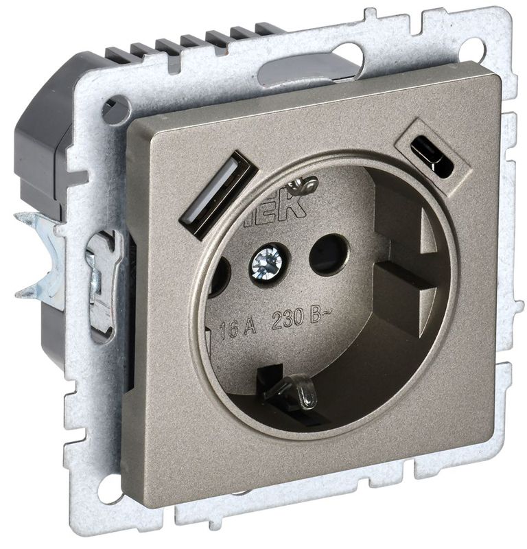 розетка brite рюш11-1-брш 16а с usb a+c 18вт с заземл. защ. шторки механизм шампань iek br-r14-16-u22-018-k37 от BTSprom.by