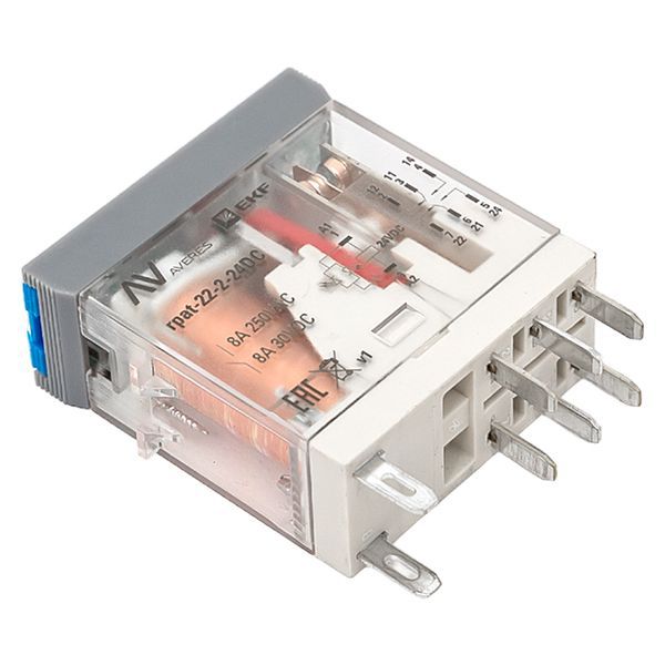  Реле промежуточное с кнопкой и мех. индикацией RPAt 22/2 8А 24В DC EKF rpat-22-2-24DC фото в каталоге от BTSprom.by