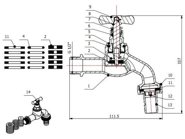 кран водоразборный 1/2" нар. настенный со штуцером, av engineering (вход 1/2" х выход 3/4") ave168012 от BTSprom.by