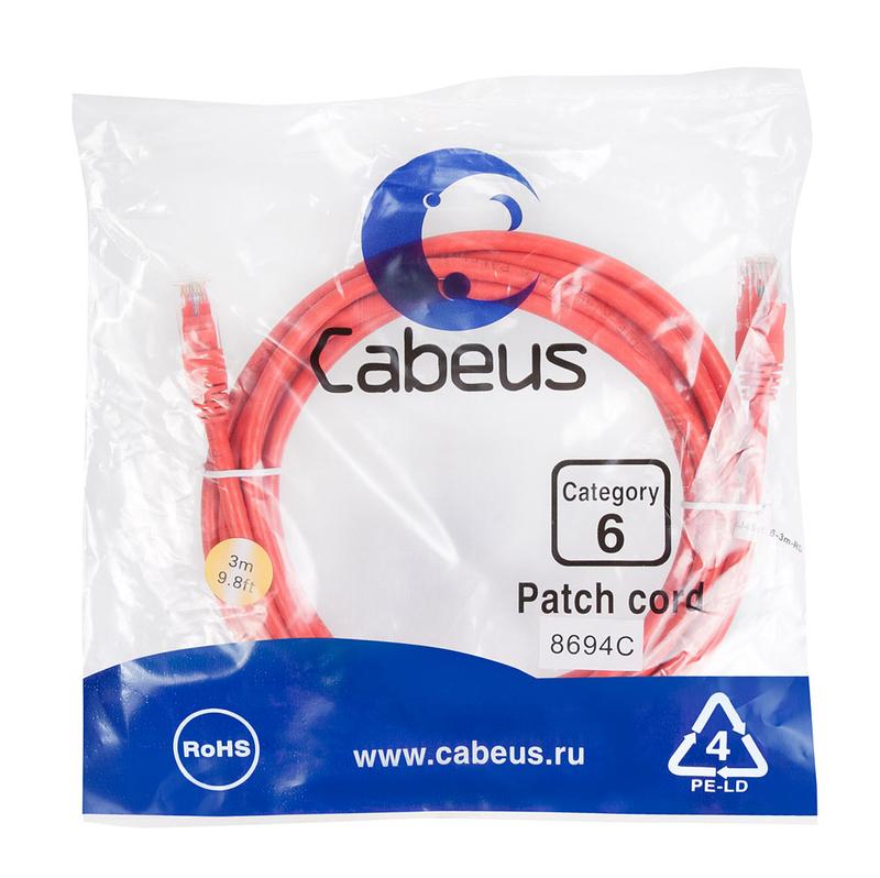 патч-корд u/utp кат.6 pc-utp-rj45-cat.6-3m-rd 2xrj45/8p8c неэкранир. pvc 3м красн. cabeus 8694c от BTSprom.by