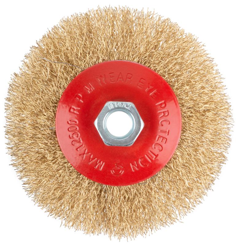  Корщетка-колесо с наклоном гайка М14 стальная волнистая латунированная проволока 115мм КУРС 39022 фото в каталоге от BTSprom.by