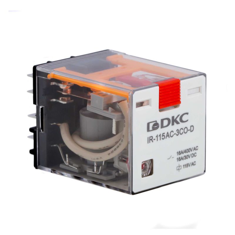 реле миниатюрное силовое 3co ком. ток 16а agsno2 напряжение 115в ac опция: тест-кнопка+светодиод dkc ir-115ac-3co-d от BTSprom.by