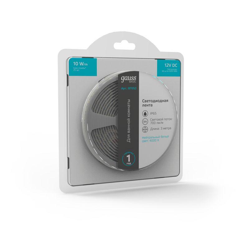  Лента светодиодная Basic 5050/60-SMD 10Вт/м 4000К нейтр. бел. IP65 700лм/м 12В 10мм (уп.3м) GAUSS BT052 фото в каталоге от BTSprom.by