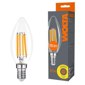 лампа светодиодная filament c35 15вт свеча прозрачная 3000к e14 1200лм wolta wf-c35-15w3ke14 от BTSprom.by