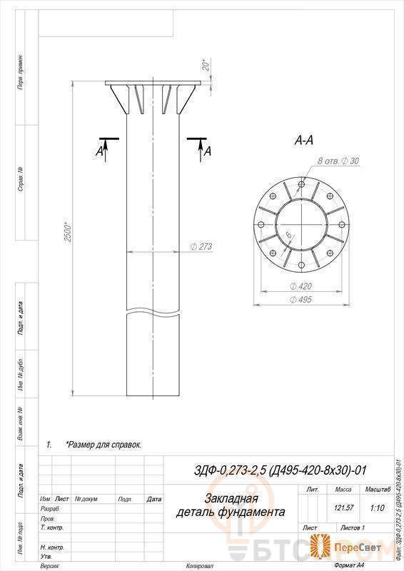  Деталь фундамента закладная для силовых опор ЗДФ-0.273-2.5(Д495-420-8х30)-01 Пересвет В00005792 фото в каталоге от BTSprom.by