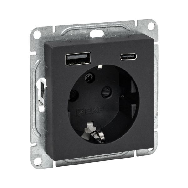 розетка сп эпика 16а с 2 usb-a+с с заземл. защ. шторки механизм черн. ekf up1-sob-111-usba+usbc от BTSprom.by