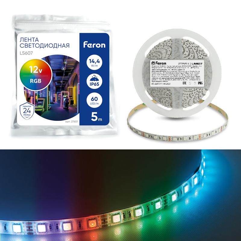 лента светодиодная 60smd(5050)/м 14.4вт/м 12в ip65 rgb ls607 (уп.5м) feron 27651 от BTSprom.by