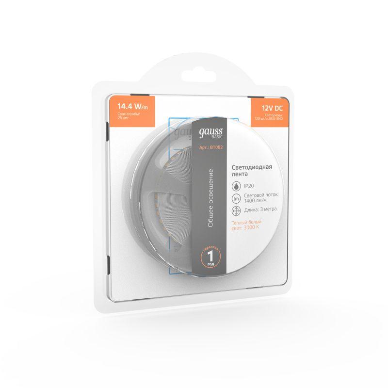  Лента светодиодная Basic 2835/120-SMD 14.4Вт/м 3000К тепл. бел. IP20 1400лм/м 12В 8мм (уп.3м) GAUSS BT082 фото в каталоге от BTSprom.by