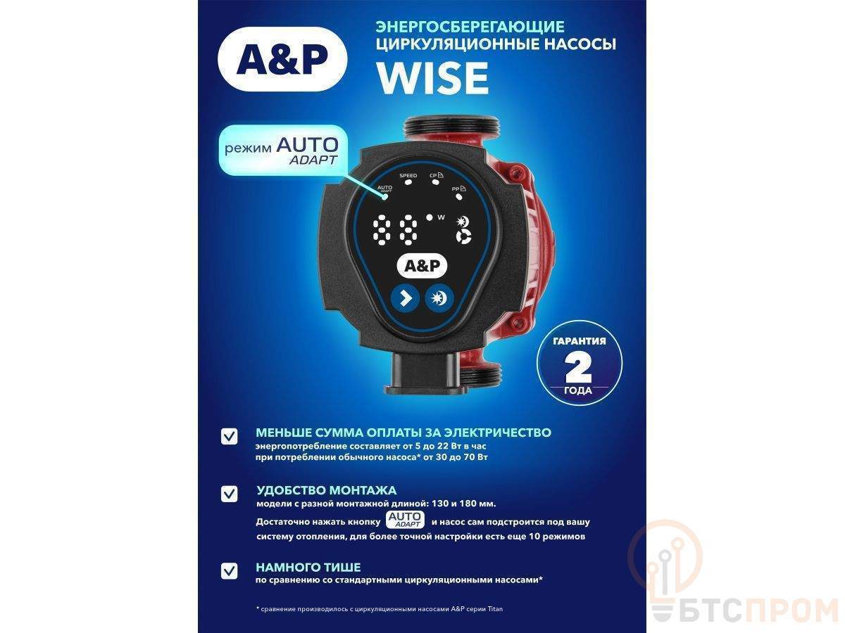  Насос циркуляционный WISE-25/40-180, A&P (5-22 Вт, 2400 л/ч, 4 м) фото в каталоге от BTSprom.by