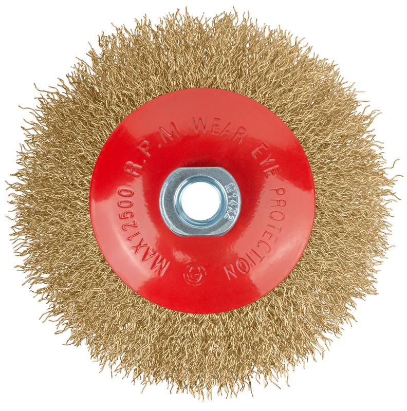  Корщетка-колесо с наклоном гайка М14 стальная латунированная волнистая проволока 125мм FIT 39052 фото в каталоге от BTSprom.by