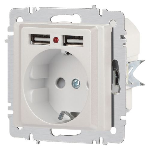  Розетка 1-м СП Accent 6-410-06 16А IP20 250В P+E Schuko + 2хUSB защ. шторки перламутр. Intro Б0063700 фото в каталоге от BTSprom.by