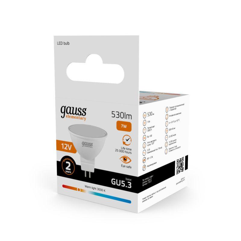 Лампа светодиодная Elementary 7Вт MR16 софит 3000К тепл. бел. GU5.3 530лм 12В GAUSS 11517 фото в каталоге от BTSprom.by