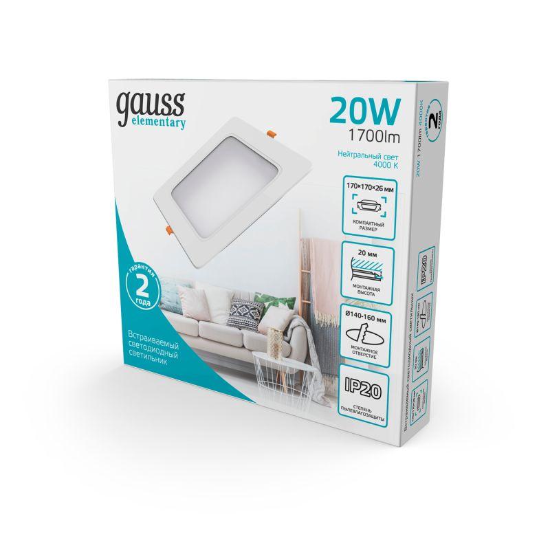  Светильник Elementary Downlight 20Вт 4000К IP20 1700лм 170-260В 170х26 квадрат монтаж бел. LED GAUSS 998420218 фото в каталоге от BTSprom.by