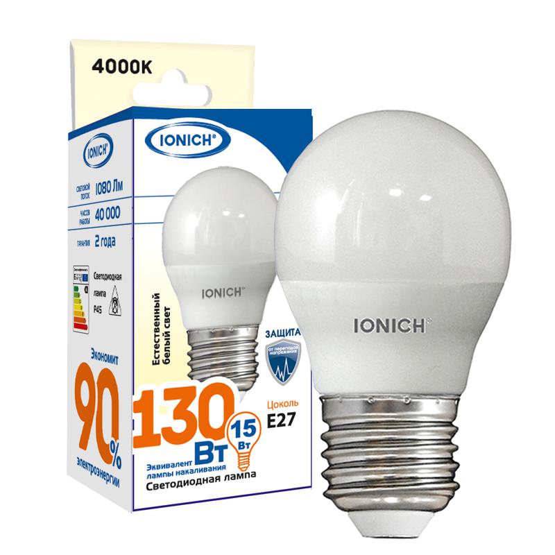 лампа светодиодная g45 15вт шар 4000к e27 1350лм 230в ionich 1825 от BTSprom.by