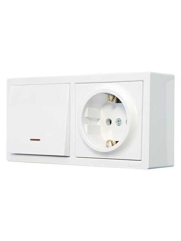  Блок ОП LETO (1-кл. выключатель с индикацией + 1-м розетка с заземл.) горизонт. бел. LEZARD 752-0200-170BIP фото в каталоге от BTSprom.by