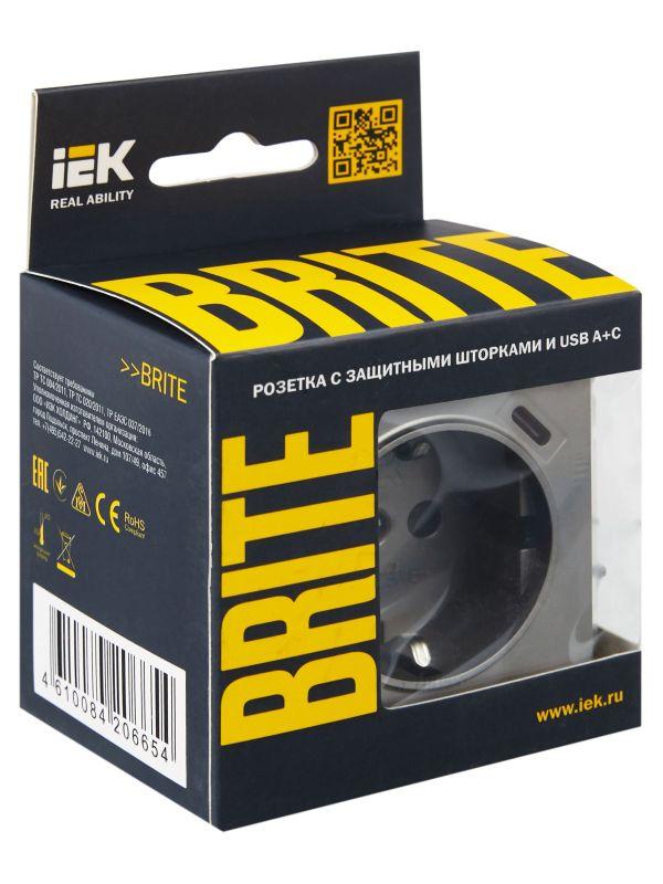  Розетка BRITE РЮш11-1-БрС 16А с USB A+C 18Вт с заземл. защ. шторки механизм сталь IEK BR-R14-16-U22-018-K46 фото в каталоге от BTSprom.by