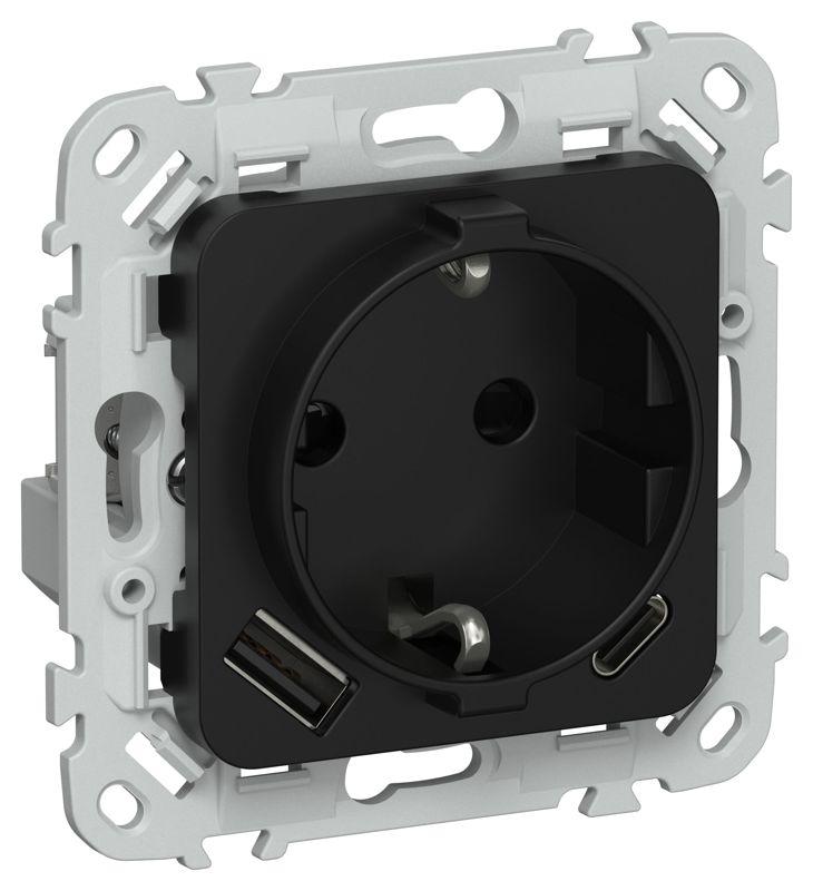 розетка 1-м сп flite рсюшс11-1-флч 16а с usb a+c 20вт с заземл. с защ. шторками безвинтовое крепление механизм черн. iek fi-r14-16-1-u22-020-k02 от BTSprom.by