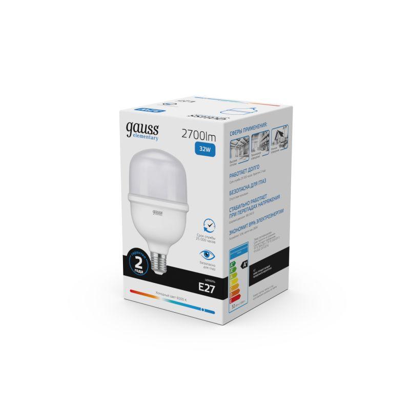 Лампа светодиодная Elementary 32Вт T100 цилиндр 6500К холод. бел. E27 2700лм GAUSS 63233 фото в каталоге от BTSprom.by