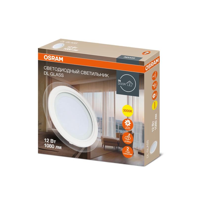 светильник светодиодный downlight dl glass 830 wt 12вт 3000к ip20 1080лм дво даунлайт кругл. встраив. с декор. стеклом бел. osram 4607194230723 от BTSprom.by