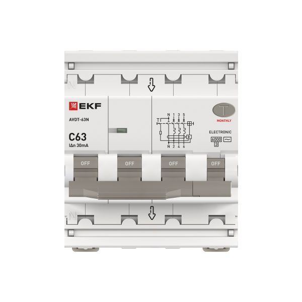 Выключатель автоматический дифференциального тока 4п (3P+N) C 63А 30мА тип AC 6кА АВДТ-63N электронный PROxima EKF D63N46E63C30 фото в каталоге от BTSprom.by