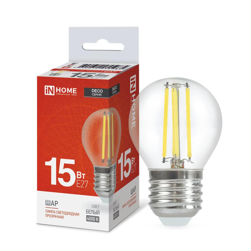 лампа светодиодная филаментная led-шар-deco шар прозрачная 15вт 230в e27 4000к 1435лм in home 4690612055985 от BTSprom.by