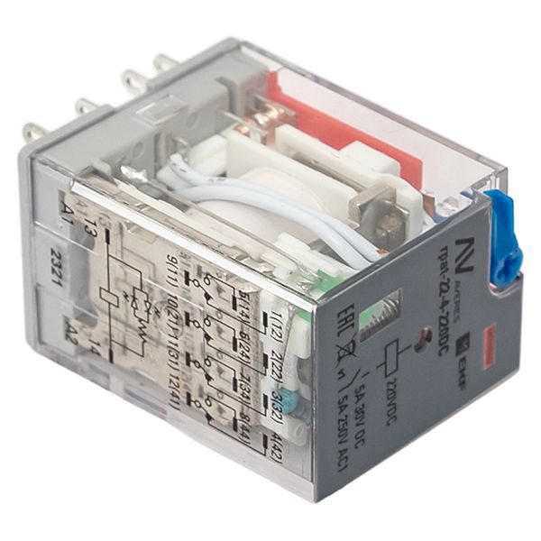  Реле промежуточное с кнопкой и мех. индикацией RPAt 22/4 5А 220В DC AVERES EKF rpat-22-4-220DC фото в каталоге от BTSprom.by