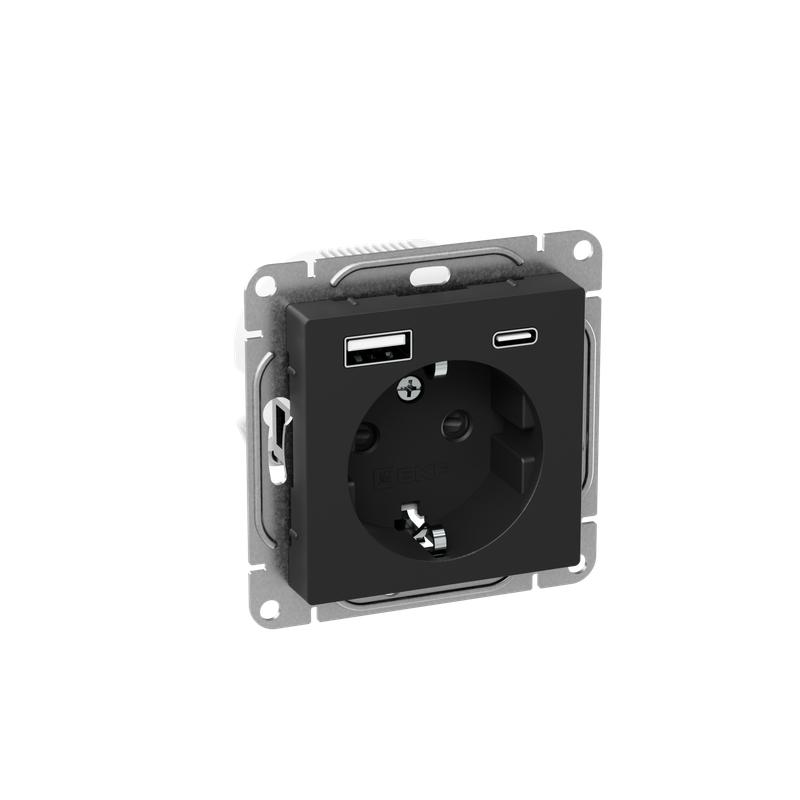 розетка сп эпика 16а с 2 usb-a+с с заземл. защ. шторки механизм черн. ekf up1-sob-111-usba+usbc от BTSprom.by
