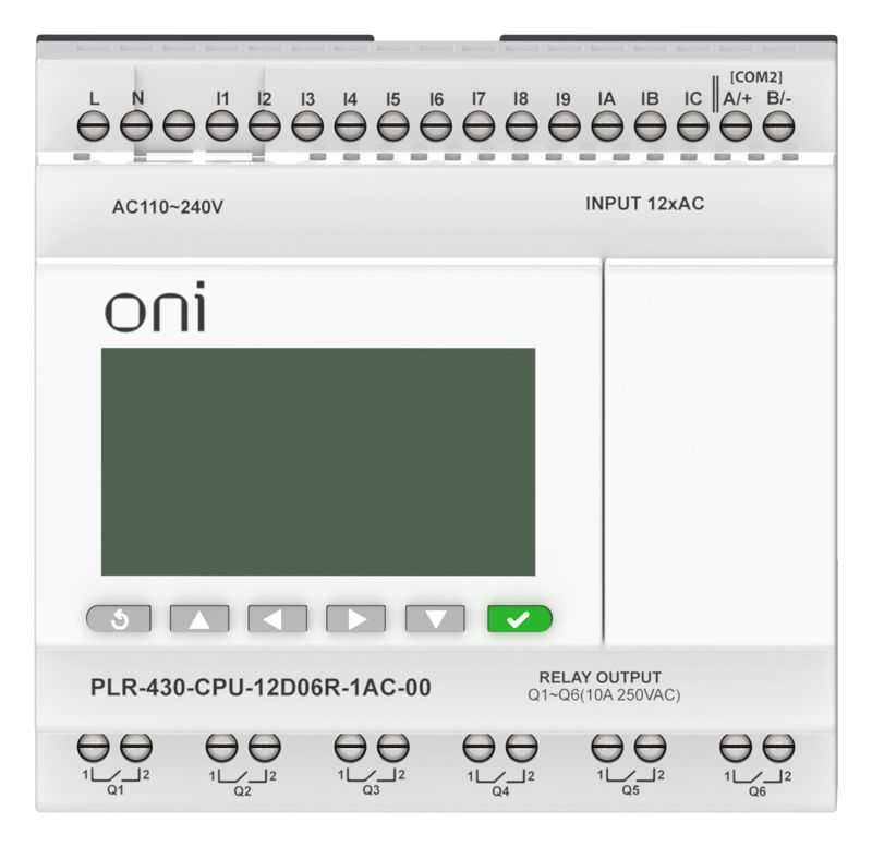  Модуль ЦПУ ПЛК 430 12 DI 6 RO 220В AC с экраном ONI PLR-430-CPU-12D06R-1AC-00 фото в каталоге от BTSprom.by
