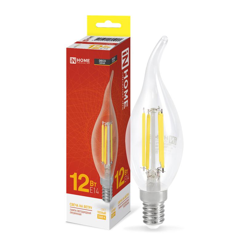 лампа светодиодная филаментная led-свеча на ветру-deco свеча на ветру прозрачная 12вт 230в e14 3000к 1350лм in home 4690612055992 от BTSprom.by