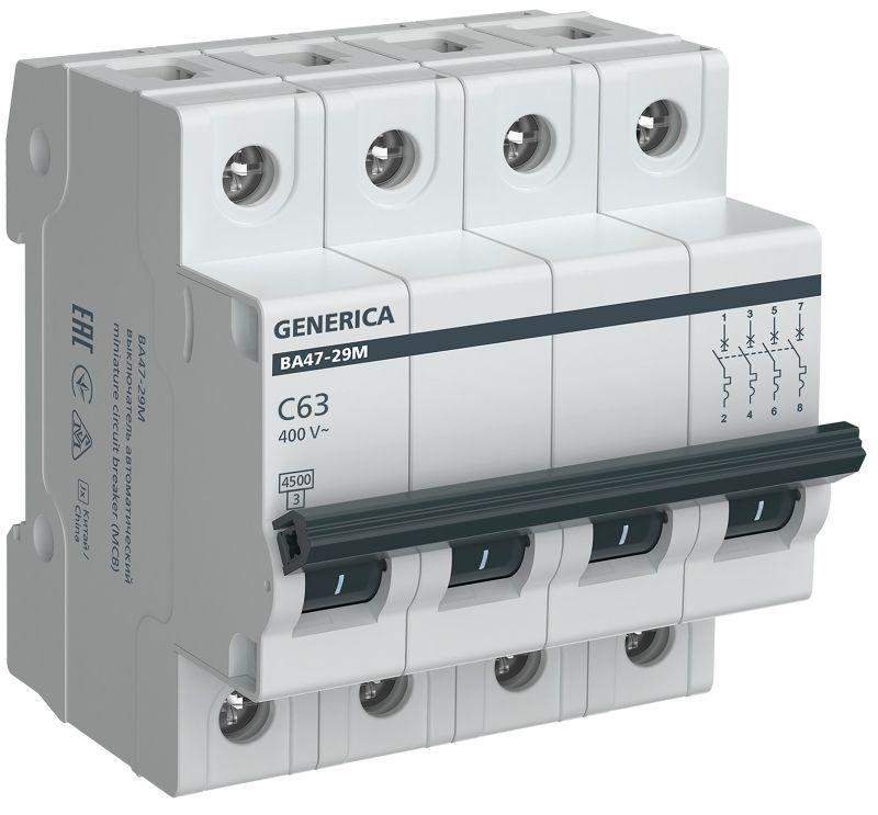 выключатель автоматический модульный 4п c 63а 4.5ка ва47-29м generica mva21-4-063-c-g от BTSprom.by