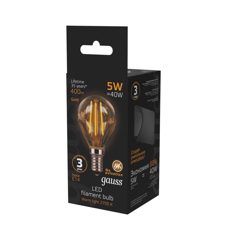 Лампа светодиодная филаментная Filament 5Вт шар 2700К тепл. бел. E14 400лм golden GAUSS 105801005 фото в каталоге от BTSprom.by