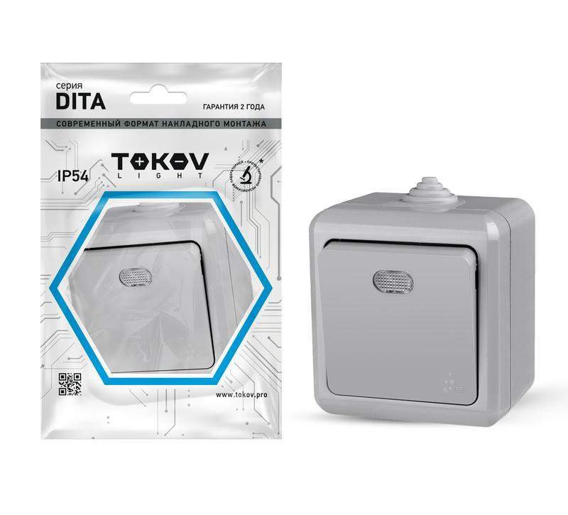 выключатель 1-кл. оп dita ip54 10а 250в с индикацией сер. tokov electric tkl-dt-v1i-c06-ip54 от BTSprom.by