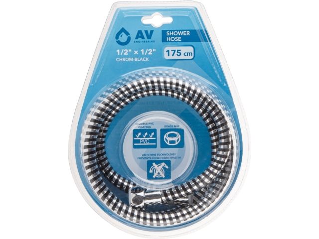 шланг душевой, pvc, 1/2" г-г 175 см, хром-черн., av engineering (гайка лаутнь (anti-twist), 10 бар) avsss-108 от BTSprom.by