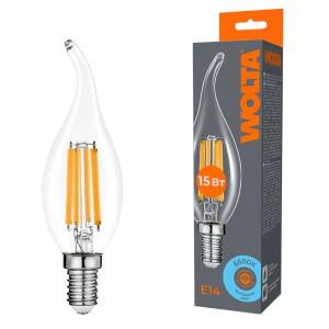лампа светодиодная filament ct35 15вт свеча на ветру прозрачная 6500к e14 1200лм wolta wf-ct35-15w6ke14 от BTSprom.by