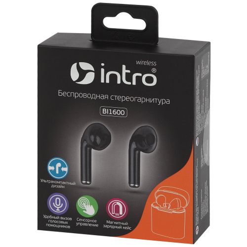  Гарнитура-Bluetooth BI1600 сенсорная ultra slim с зар. кейсом черн. Intro Б0044835 фото в каталоге от BTSprom.by