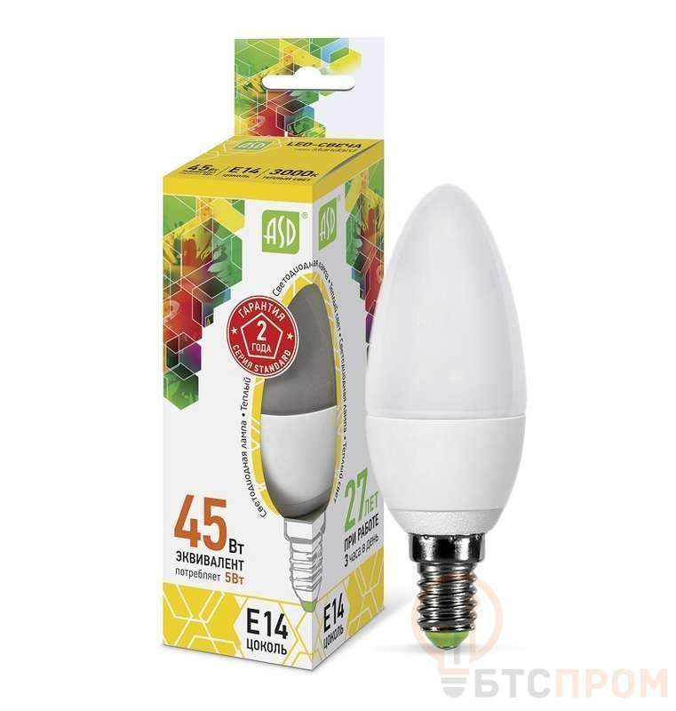 лампа светодиодная led-свеча-standard 5вт свеча 3000к тепл. бел. e14 450лм 160-260в asd 4690612002200 от BTSprom.by