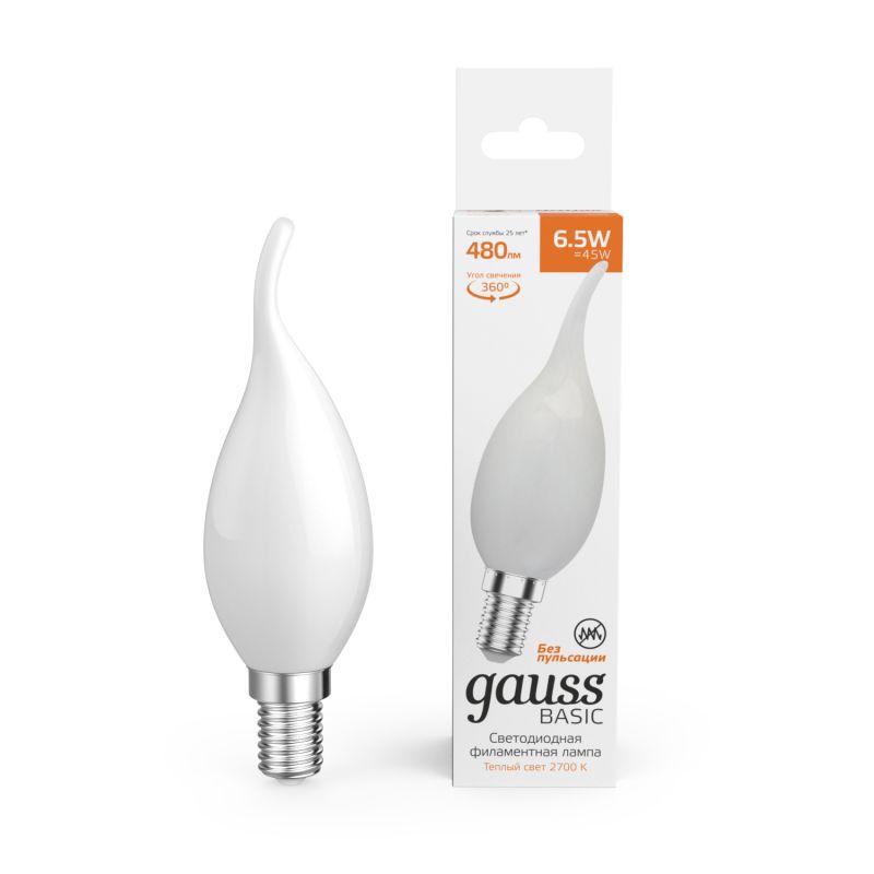 лампа светодиодная филаментная basic filament 6.5вт свеча на ветру 2700к е14 480лм milky gauss 1045117 от BTSprom.by
