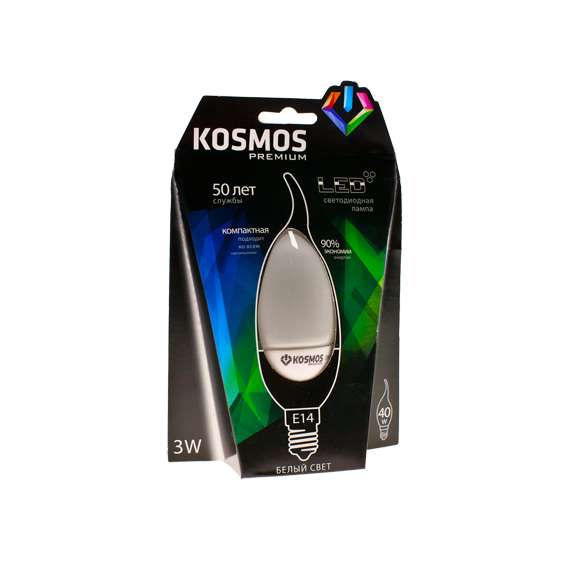 лампа светодиодная kosmos premium 3вт свеча на ветру e14 230в 4500к космос kled3wcw230ve1445 от BTSprom.by