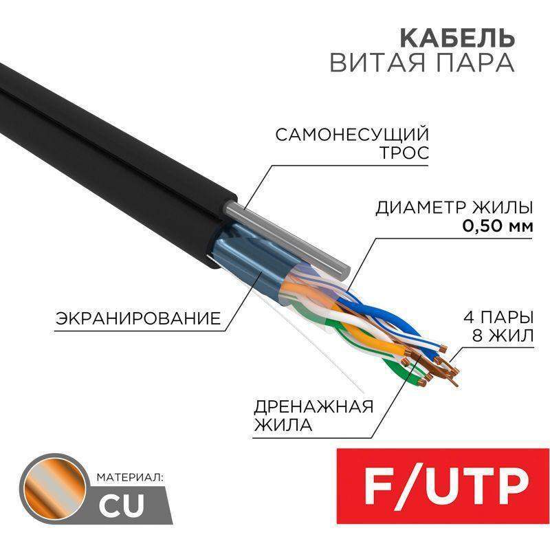 кабель витая пара f/utp 4х2х24awg кат.5e solid cu pe outdoor трос черн. (м) rexant 01-0144 от BTSprom.by