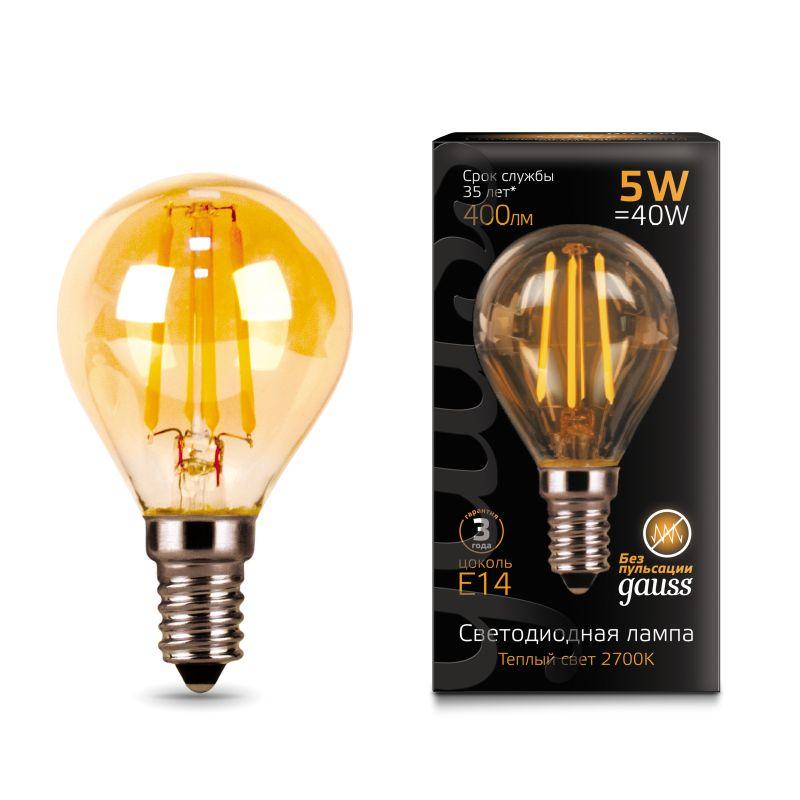 Лампа светодиодная филаментная Filament 5Вт шар 2700К тепл. бел. E14 400лм golden GAUSS 105801005 фото в каталоге от BTSprom.by