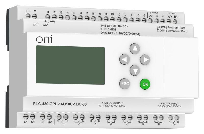 модуль цпу плк 430 4 di 12 ui (0-10в/di) 8 ro 2 ao (1шт 0-10в и 1шт 0-20ма) 24в dc с ethernet портом с экраном oni plc-430-cpu-16u10u-1dc-00 от BTSprom.by